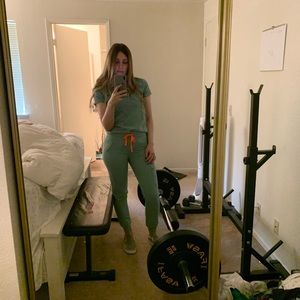 Xxs caterina top jade green worn twice and xs regular Zamora joggers figs scrubs